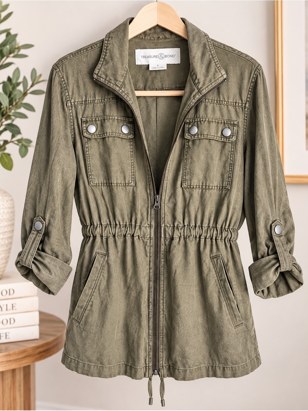 Treasure & Bond Small Olive Linen Blend Anorak Utility Jacket Drawstring Waist